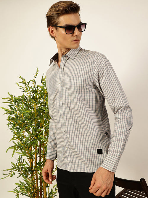 Thomas Scott Men Smart Spread Collar Micro Checked Cotton Slim Fit Casual Shirt