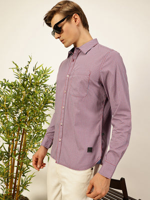 Thomas Scott Men Smart Spread Collar Micro Checked Cotton Slim Fit Casual Shirt