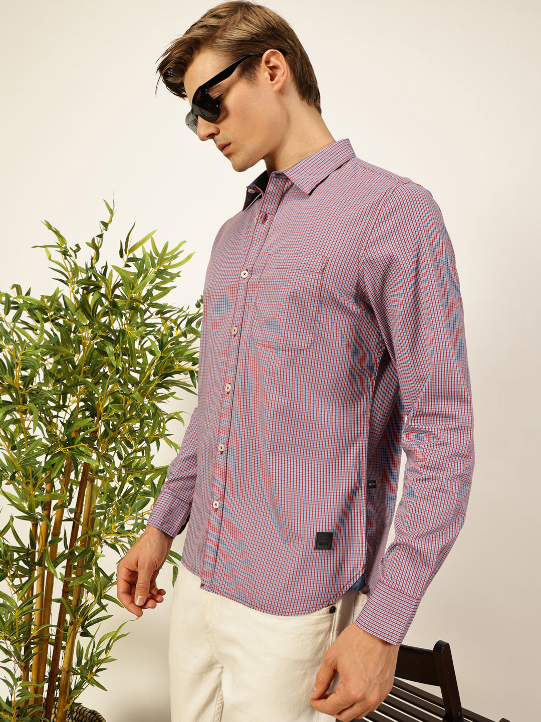 Thomas Scott Men Smart Spread Collar Micro Checked Cotton Slim Fit Casual Shirt