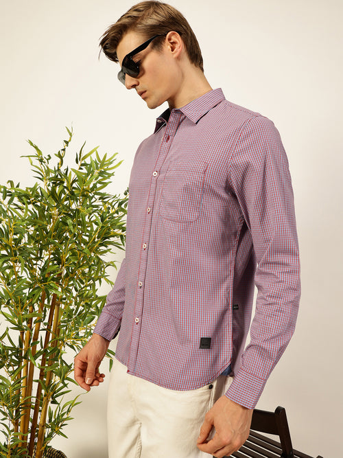 Thomas Scott Men Smart Spread Collar Micro Checked Cotton Slim Fit Casual Shirt