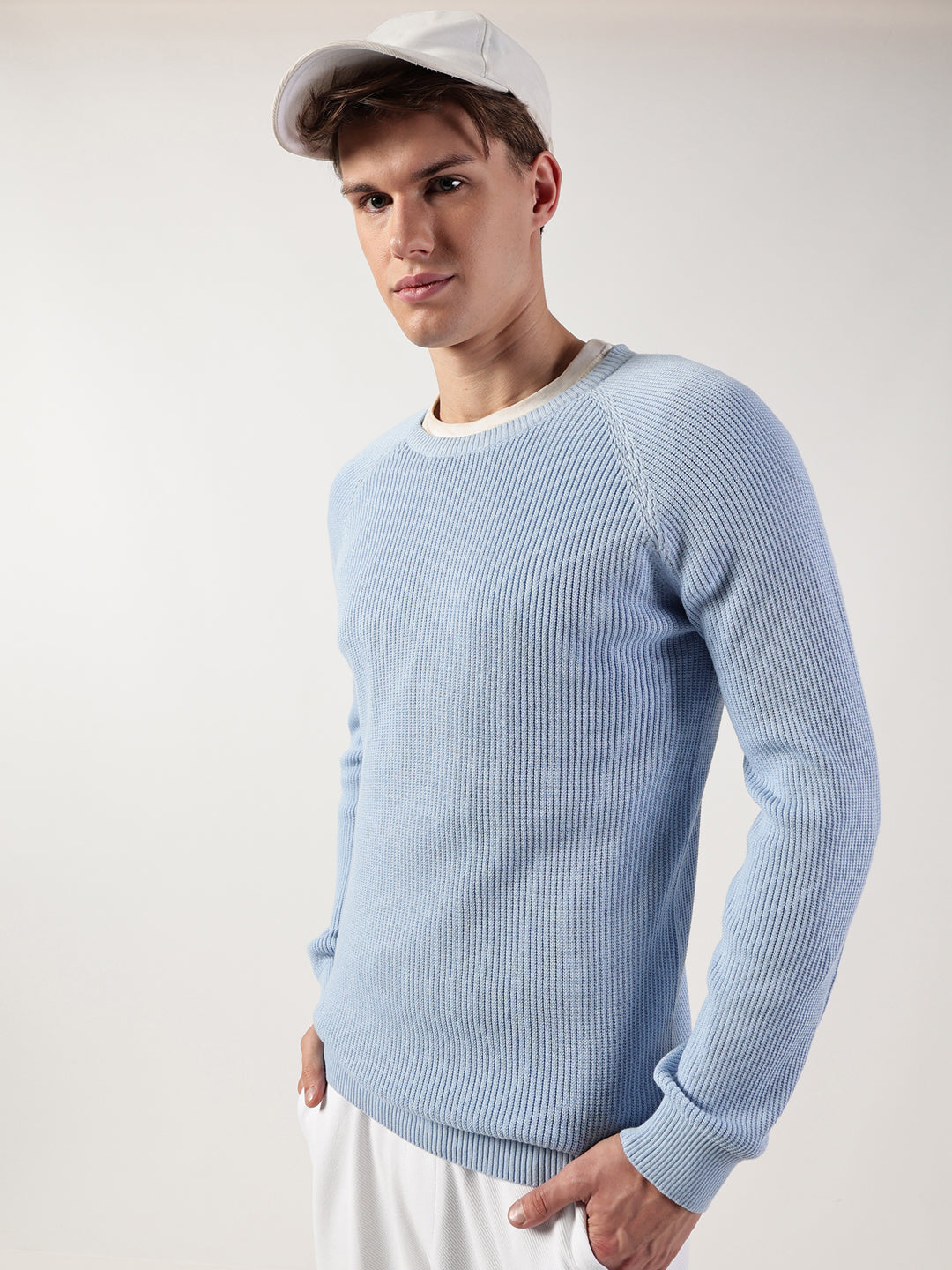 Thomas Scott Men Ribbed Self Design Round Neck Cotton Pullover Ribbed Sweater