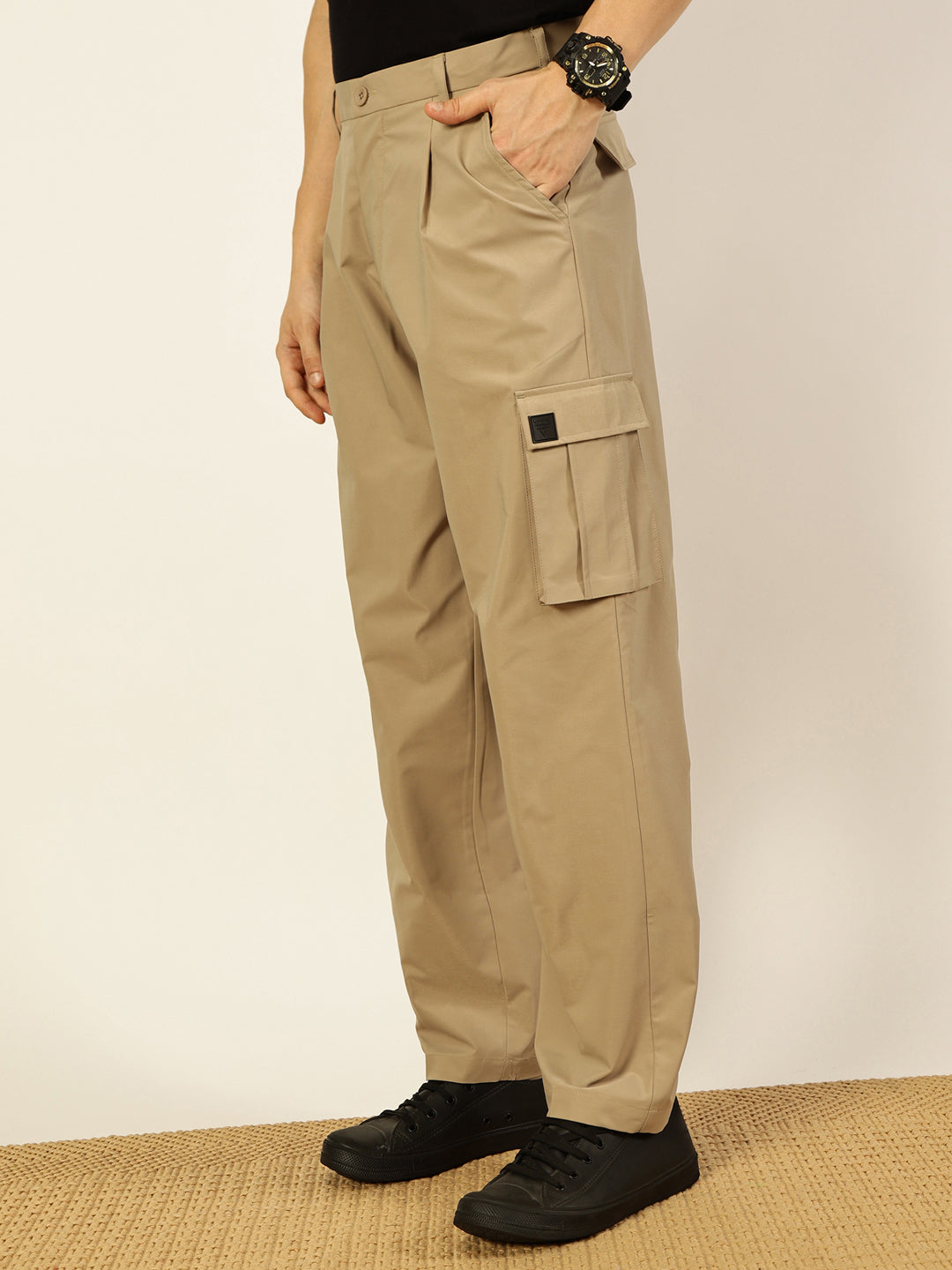 Thomas Scott Men Smart Loose Fit Mid-Rise Easy Wash Pleated Cargos Trousers