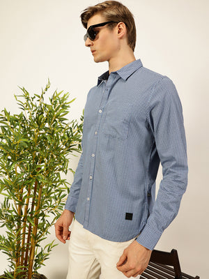 Thomas Scott Men Smart Spread Collar Micro Checked Cotton Slim Fit Casual Shirt