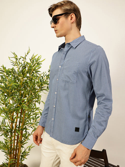 Thomas Scott Men Smart Spread Collar Micro Checked Cotton Slim Fit Casual Shirt