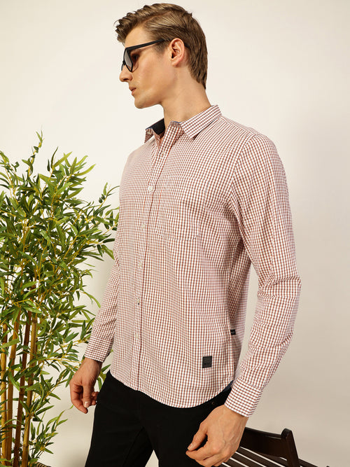 Thomas Scott Men Smart Spread Collar Micro Checked Cotton Slim Fit Casual Shirt
