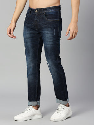 Dark Blue  Navy Blue Smart Slim Fit Low Distress Heavy Fade Stretchable Jeans