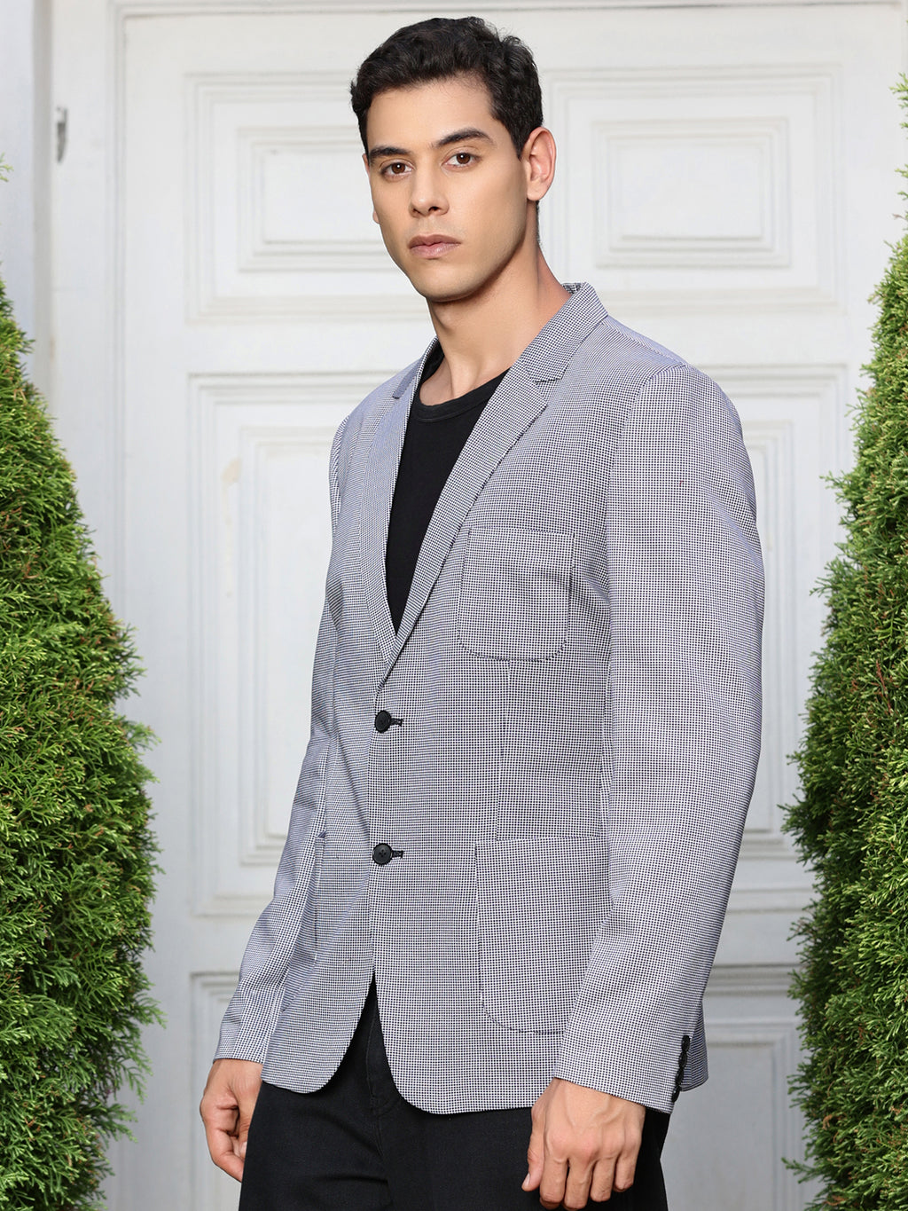 Thomas Scott Men Navy Self-Design Notched Lapel Collar Slim-Fit Casual Blazer