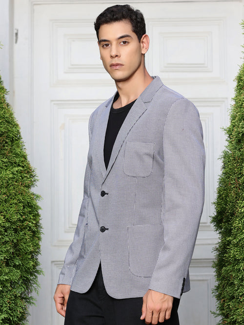 Thomas Scott Men Navy Self-Design Notched Lapel Collar Slim-Fit Casual Blazer