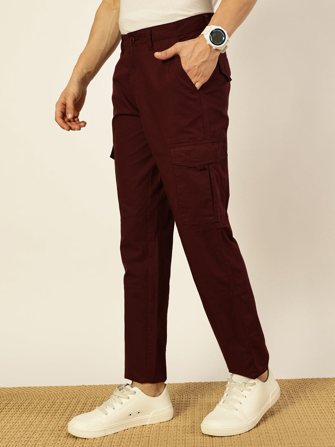 Thomas Scott Men Wine Smart Fit Mid-Rise Cargos Trousers