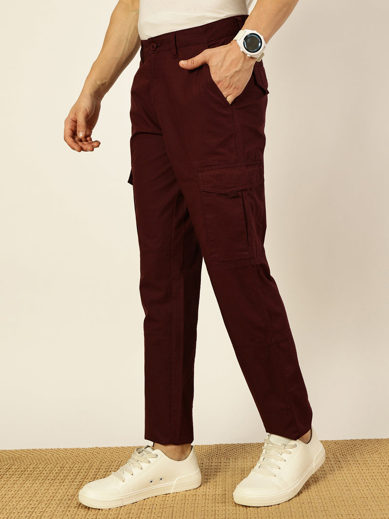 Thomas Scott Men Wine Smart Fit Mid-Rise Cargos Trousers