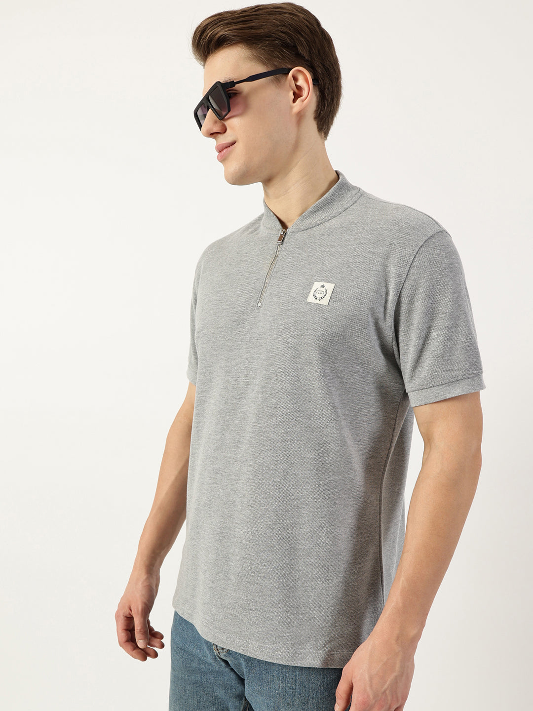 Thomas Scott Men Grey Mandarin Collar T-shirt