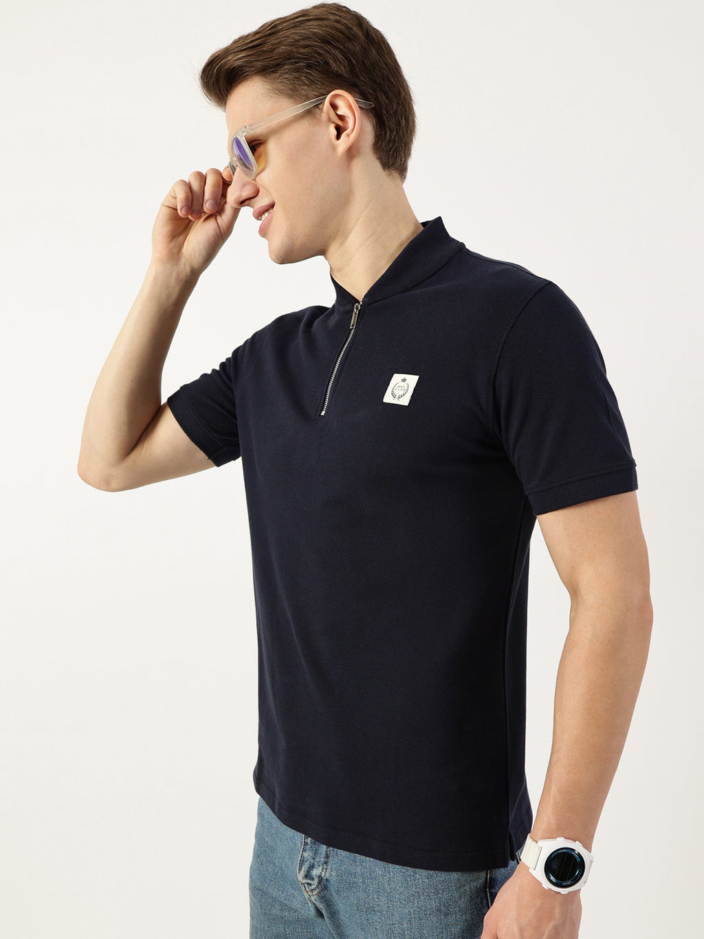 Thomas Scott Men Navy Mandarin Collar T-shirt