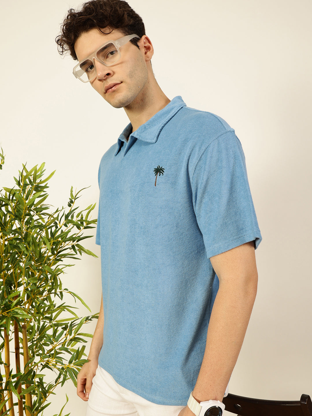 Thomas Scott Men Blue Solid Polo Collar Cotton Relaxed Fit T-Shirt