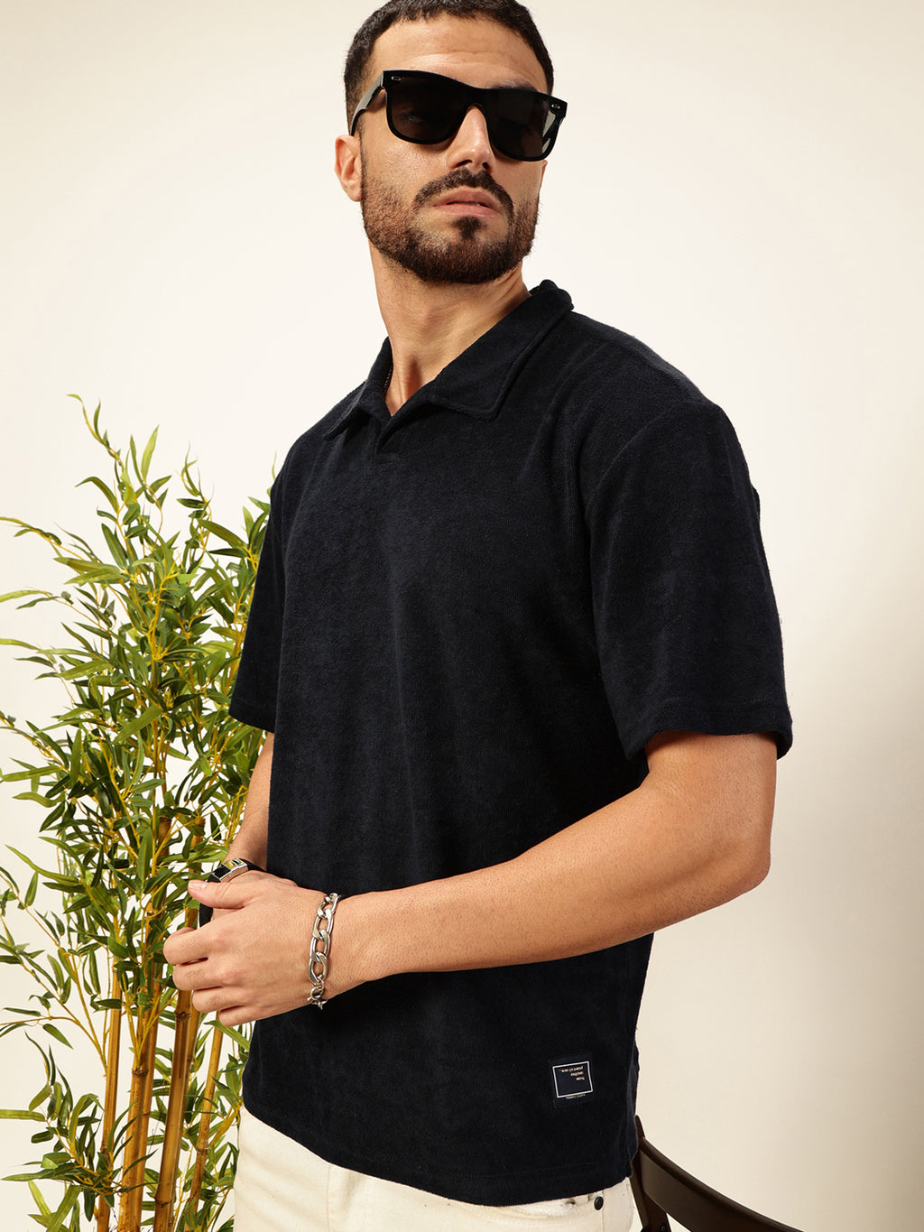 Thomas Scott Men Navy Blue Solid Polo Collar Cotton Relaxed Fit T-shirt