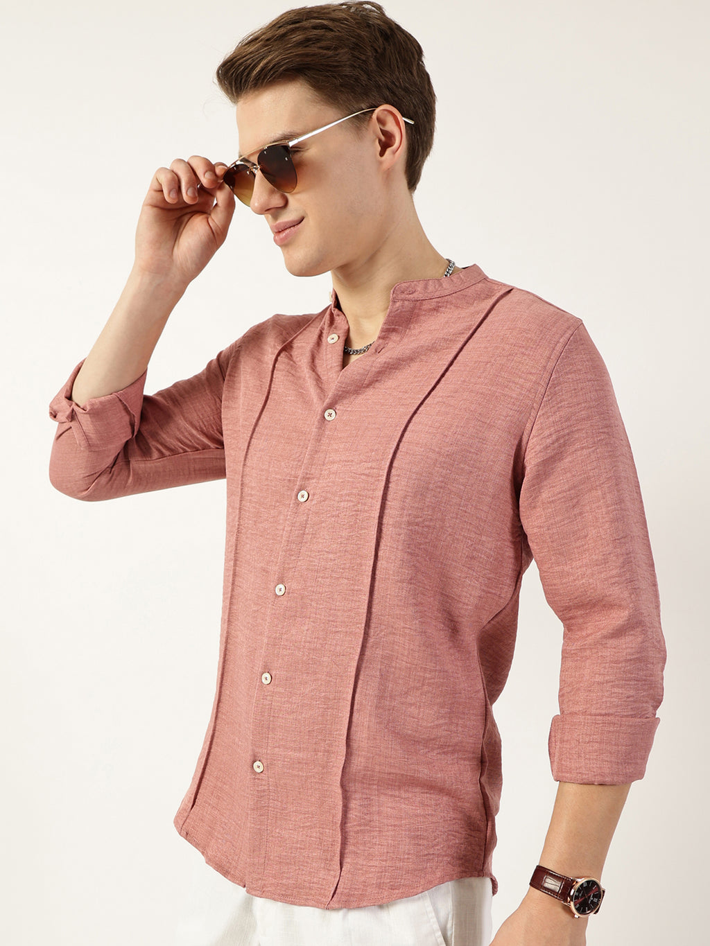 Thomas Scott Men Peach Premium Mandarin Collar Textured Solid Slim Fit Casual Shirt