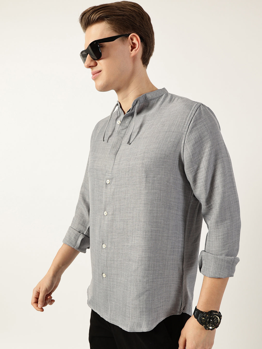 Thomas Scott Men Grey Classic Mandarin Collar Solid Slim Fit Casual Shirt