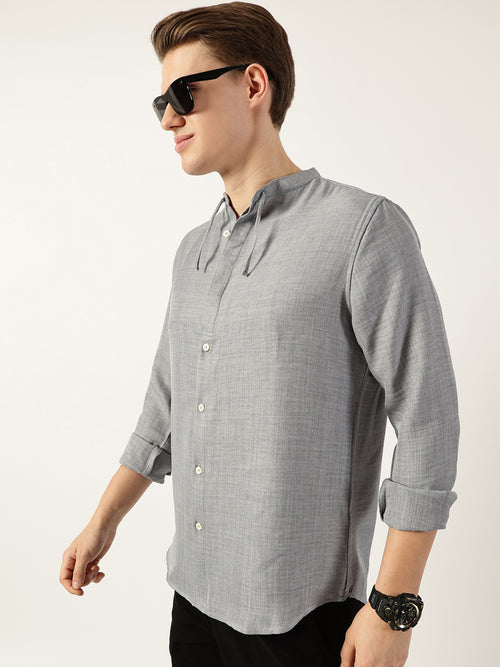 Thomas Scott Men Grey Classic Mandarin Collar Solid Slim Fit Casual Shirt