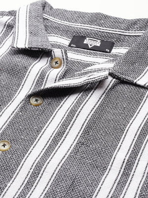 Thomas Scott Men Black Plus Size Premium Striped Pure Cotton Casual Shirt