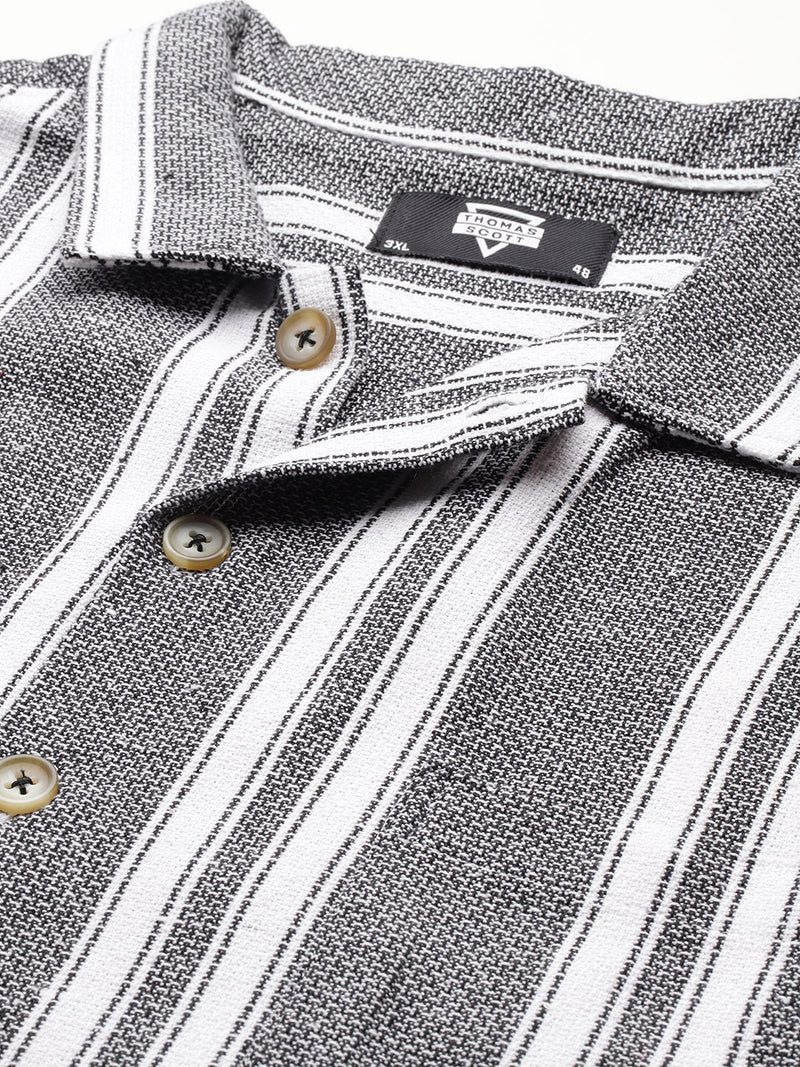 Thomas Scott Men Black Plus Size Premium Striped Pure Cotton Casual Shirt