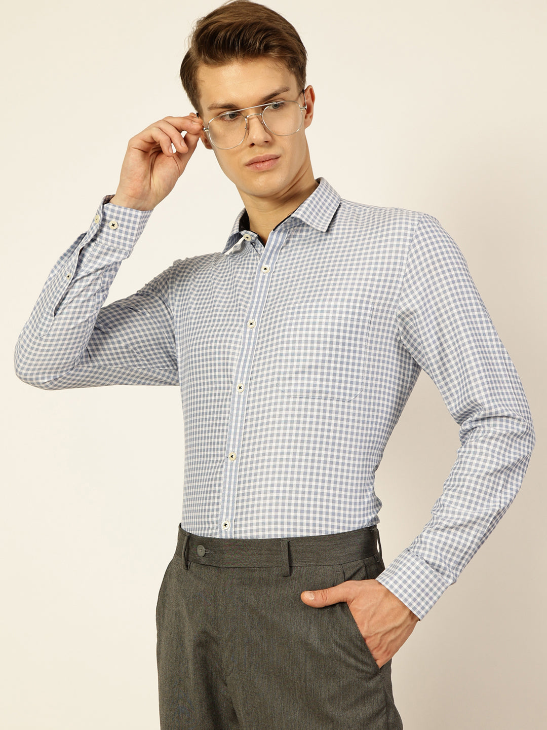 Thomas Scott Men Blue Premium Slim Fit Micro Checks Opaque Checked Formal Shirt