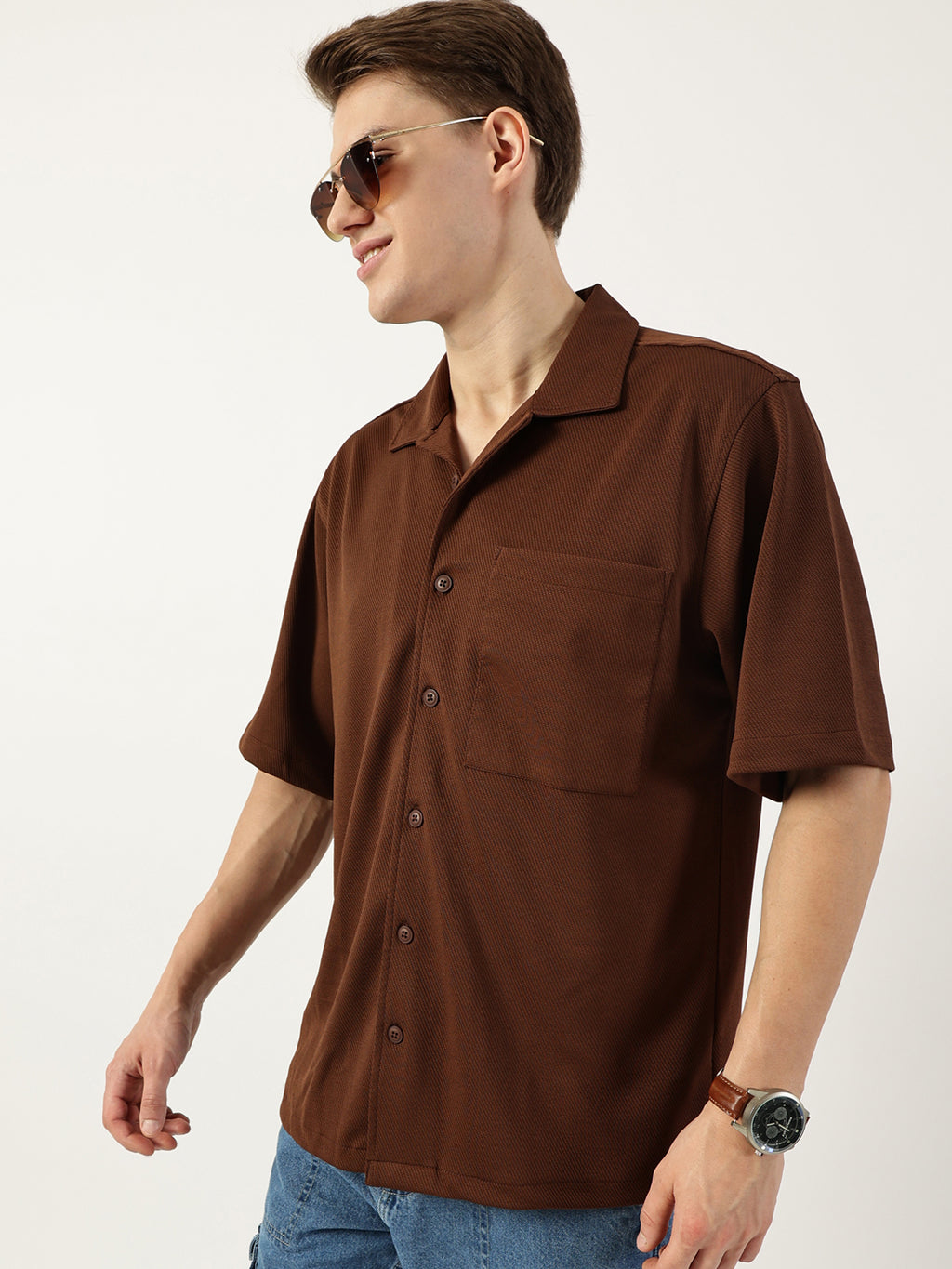 Thomas Scott Men Dark Brown Premium Cuban Collar Textured Cotton Oversized Casual Shirt