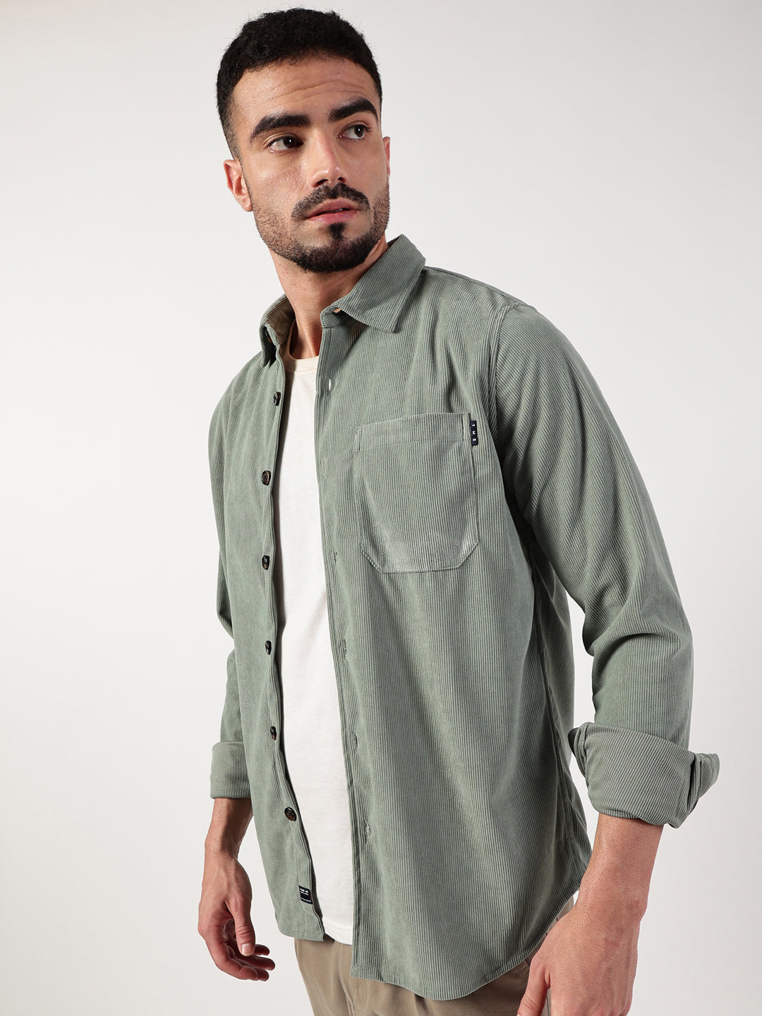Thomas Scott Men Green Premium Spread Collar Textured Relaxed Fit Casual Shirt