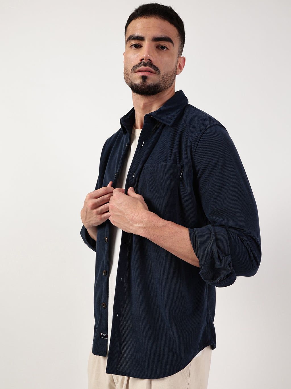 Thomas Scott Men Navy Premium Spread Collar Textured Relaxed Fit Casual Shirt