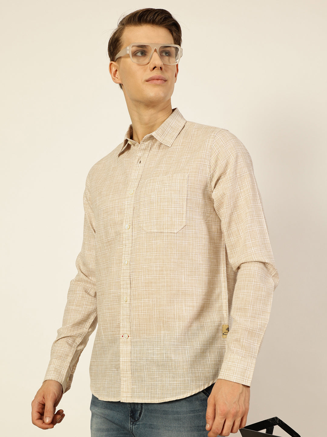Thomas Scott Men Light Beige Thomas Scott Premium Spread Collar Linen Slim Fit Casual Shirt