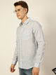 Sky Blue Checked Linen Slim Fit Casual Shirt For Men