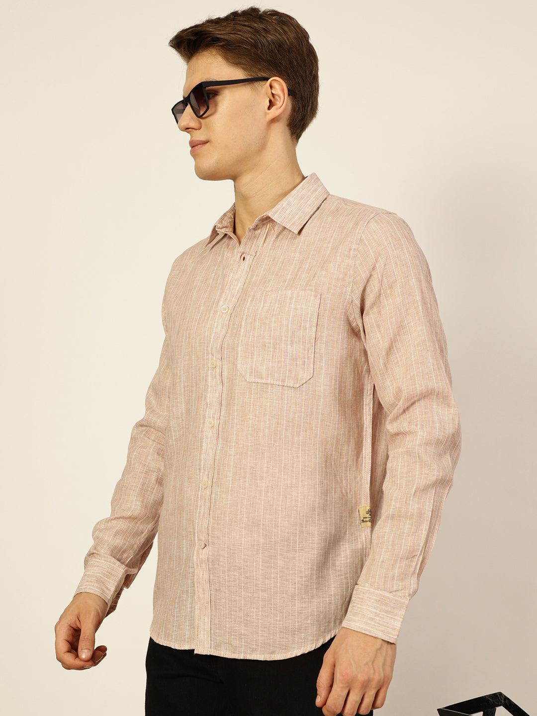 Thomas Scott Men Fawn Premium Spread Collar Solid Linen Slim Fit Casual Shirt
