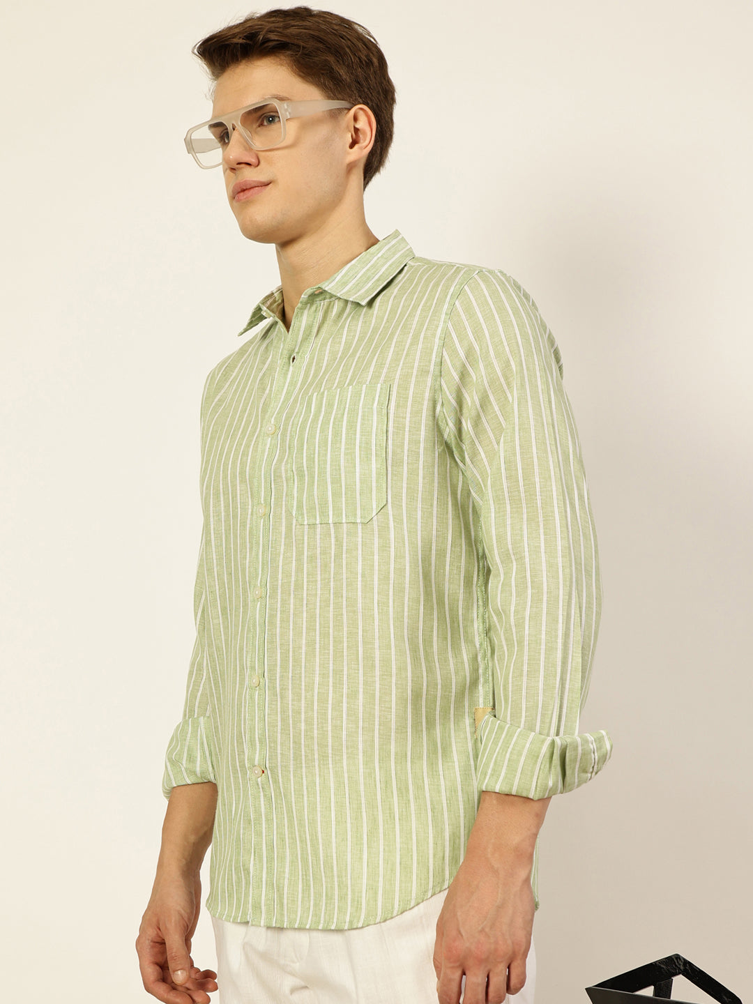 Thomas Scott Men Green Premium Vertical Striped Linen Slim Fit Casual Shirt