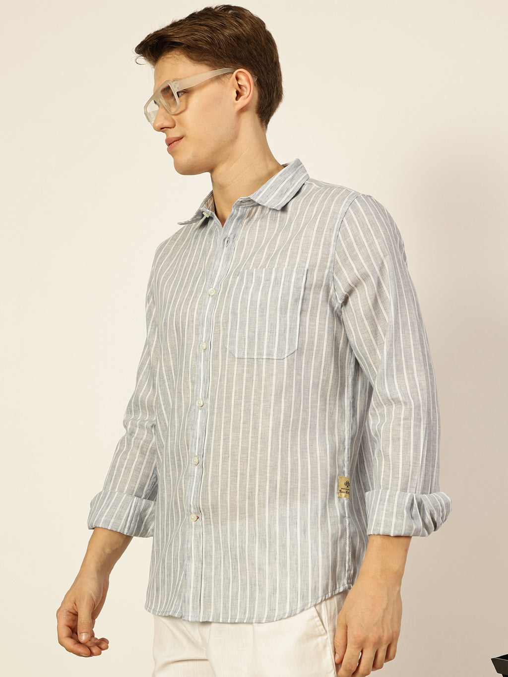 Thomas Scott Men Grey Striped Slim Fit Casual Shirt