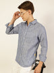 Blue Premium Spread Collar Vertical Striped Linen Slim Fit Casual Shirt For Men