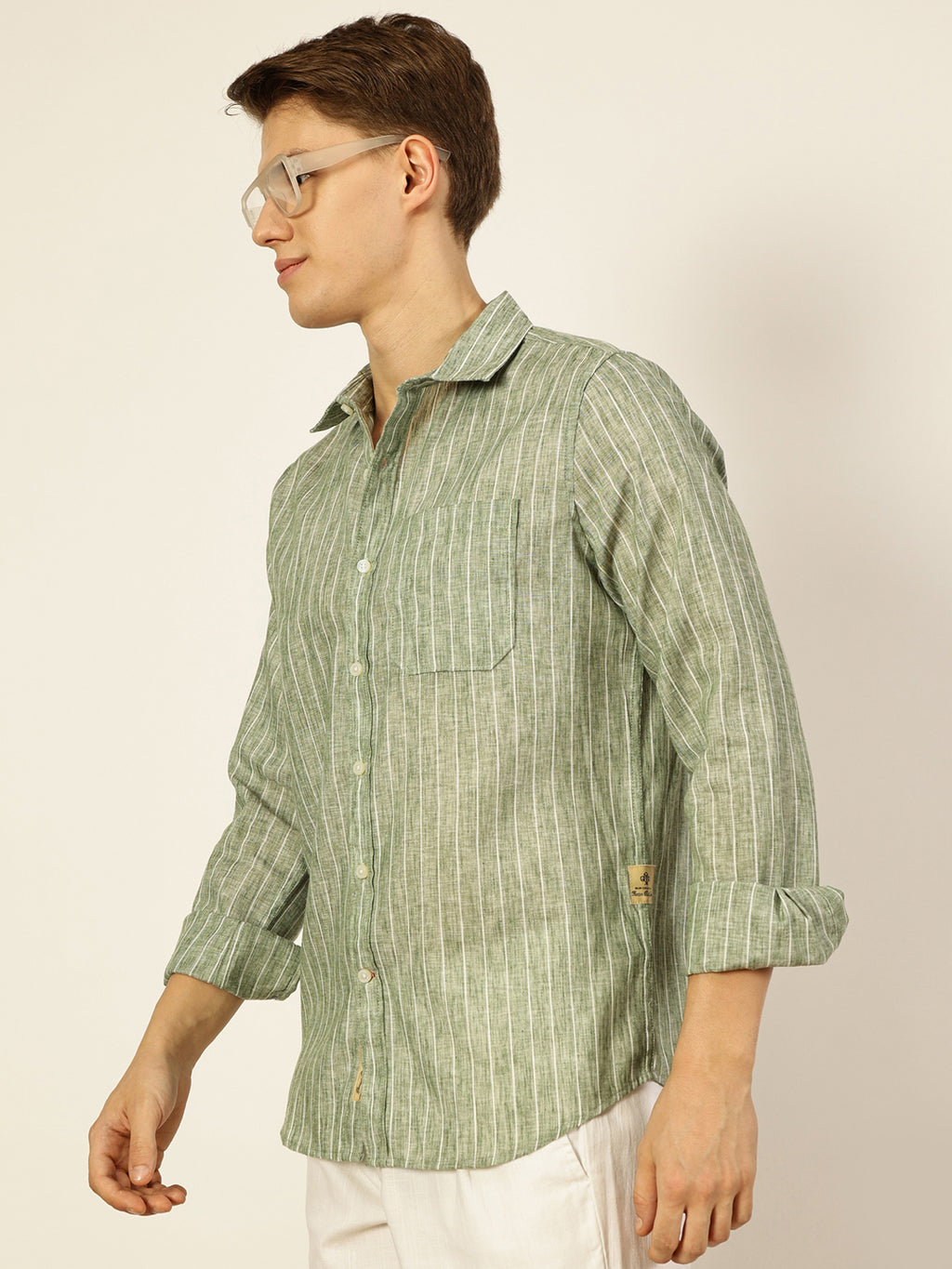 Thomas Scott Men Dark Green Premium Vertical Striped Linen Slim Fit Casual Shirt