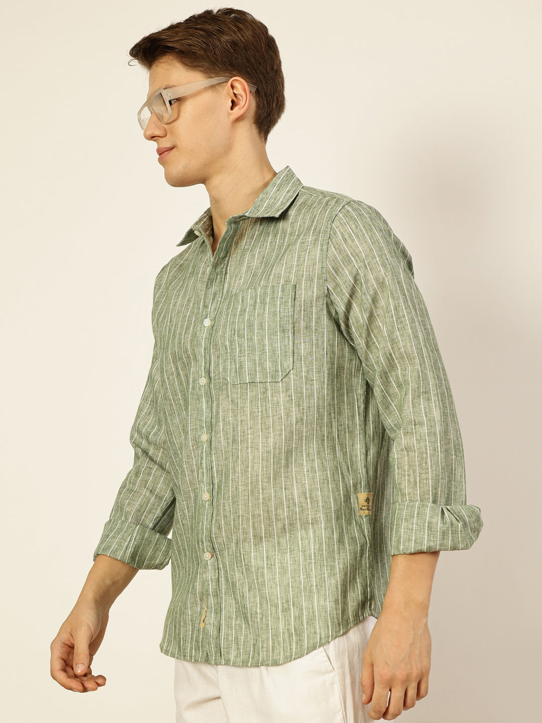 Thomas Scott Men Dark Green Premium Vertical Striped Linen Slim Fit Casual Shirt