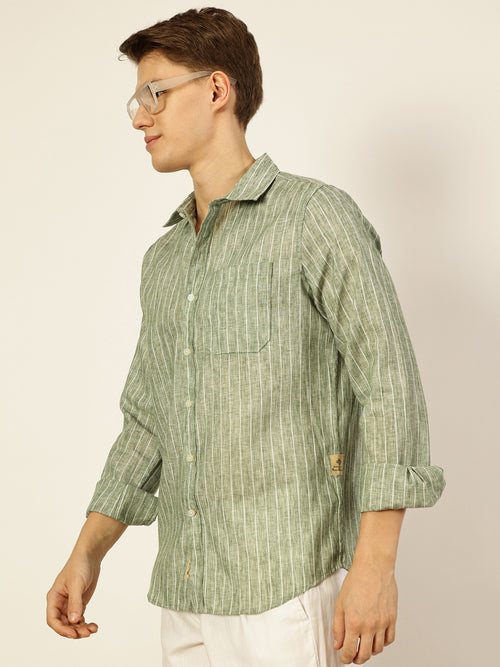 Thomas Scott Men Dark Green Premium Vertical Striped Linen Slim Fit Casual Shirt