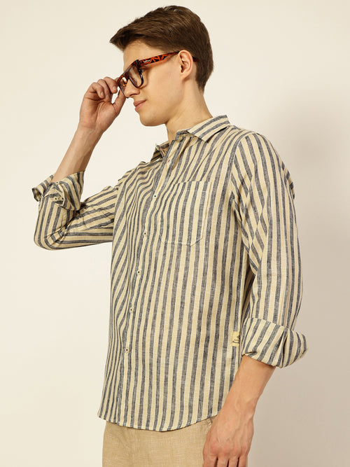 Thomas Scott Men Black Premium Vertical Striped Linen Slim Fit Casual Shirt
