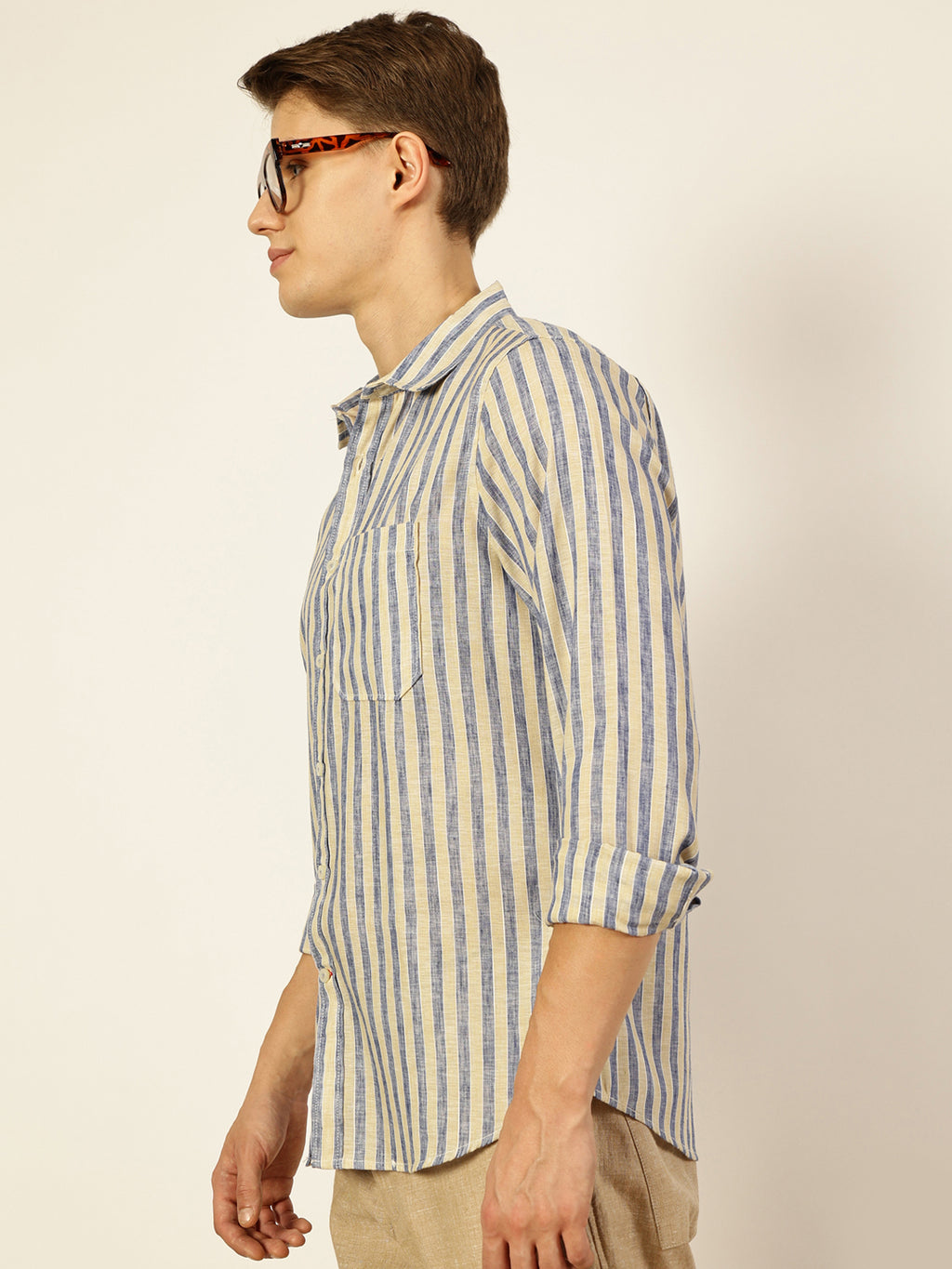 Thomas Scott Men Royal Blue Premium Spread Collar Vertical Striped Linen Slim Fit Casual Shirt