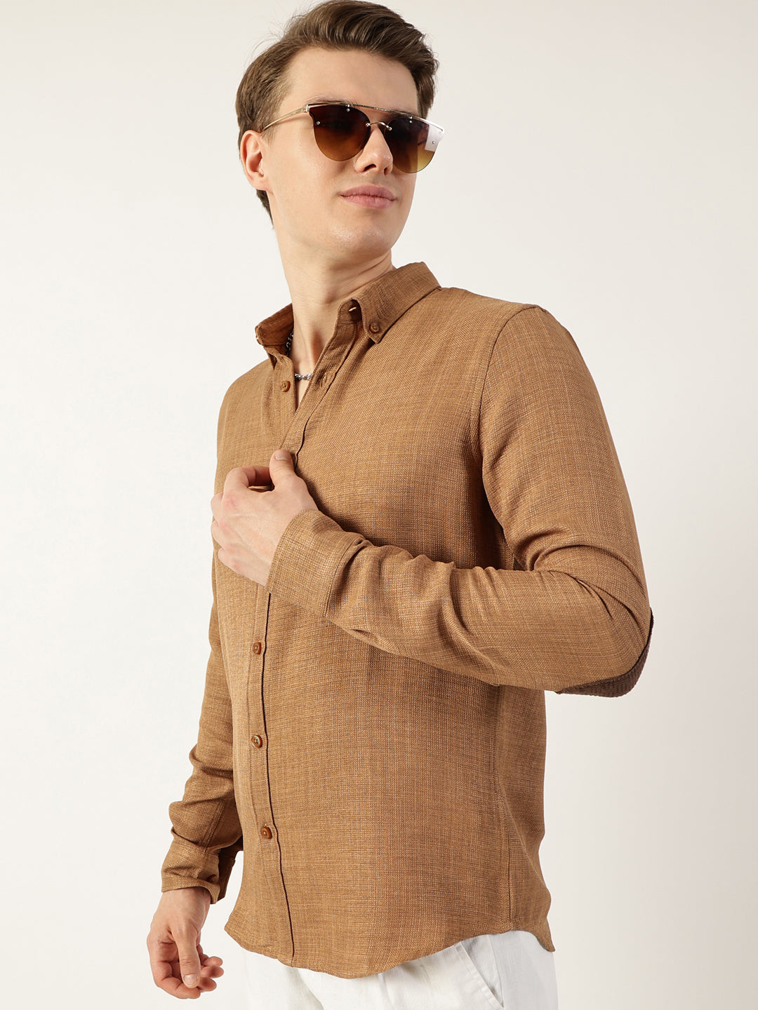 Thomas Scott Men Beige Classic Button-Down Collar Solid Slim Fit Casual Shirt