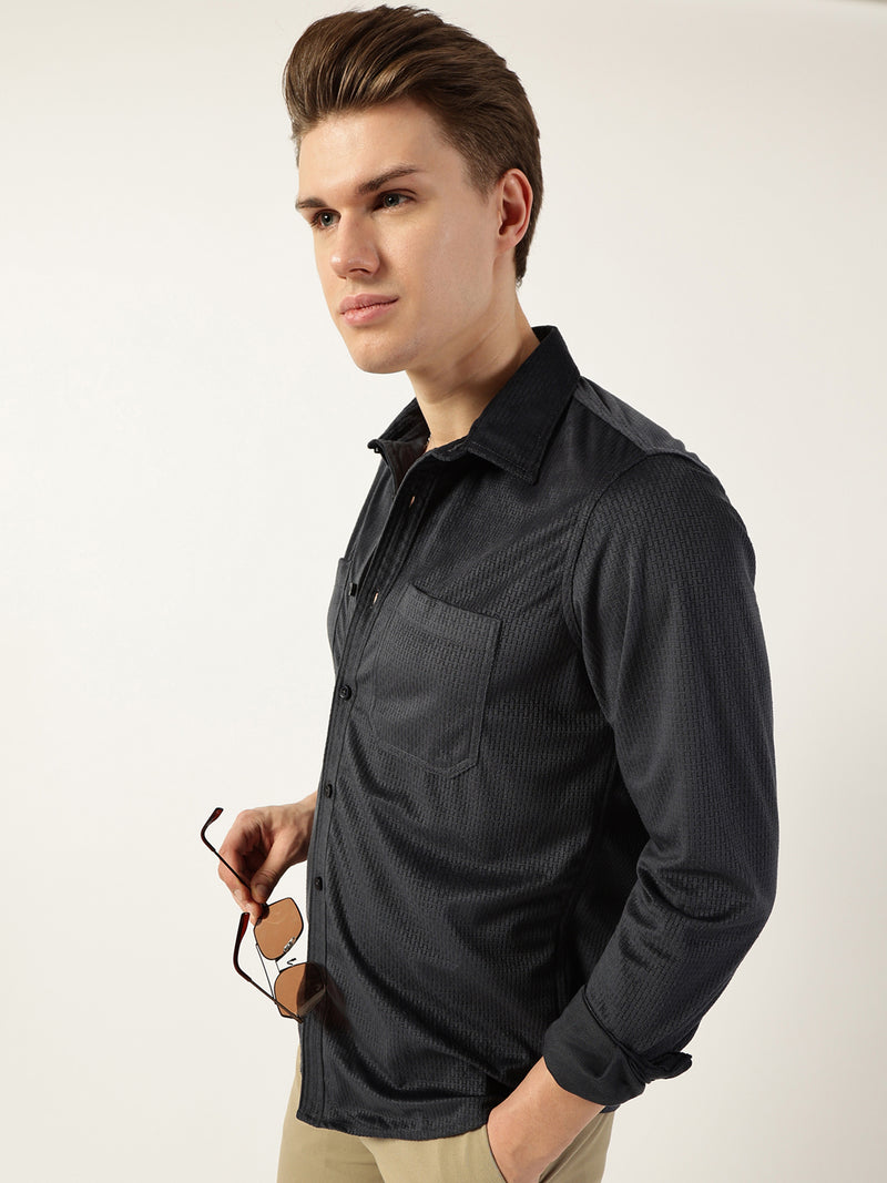 Thomas Scott Men Dark Grey Classic Spread Collar Textured Slim Fit Casual Shirt