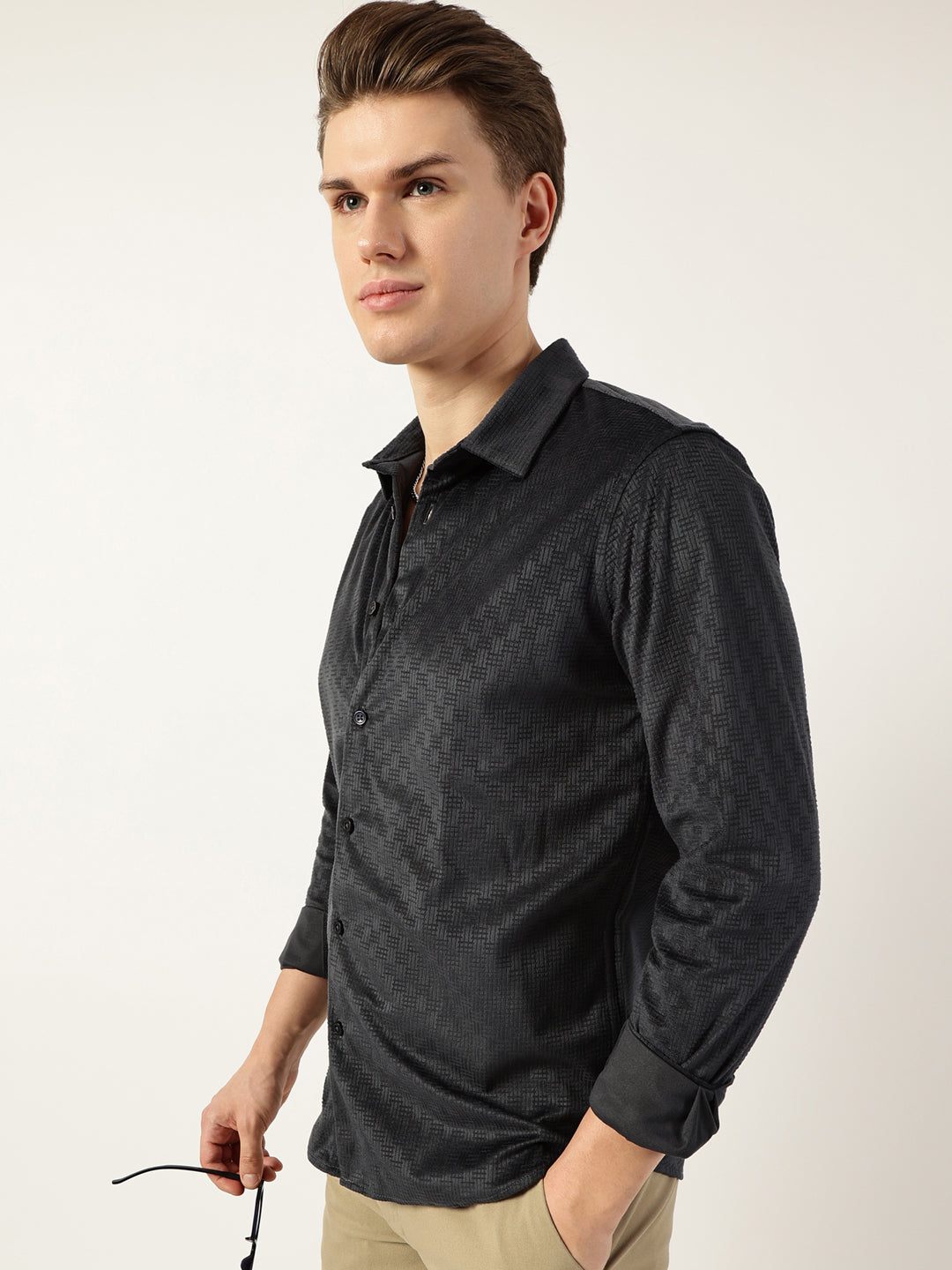 Thomas Scott Men Dark Grey Classic Spread Collar Textured Solid Slim Fit Casual Shirt