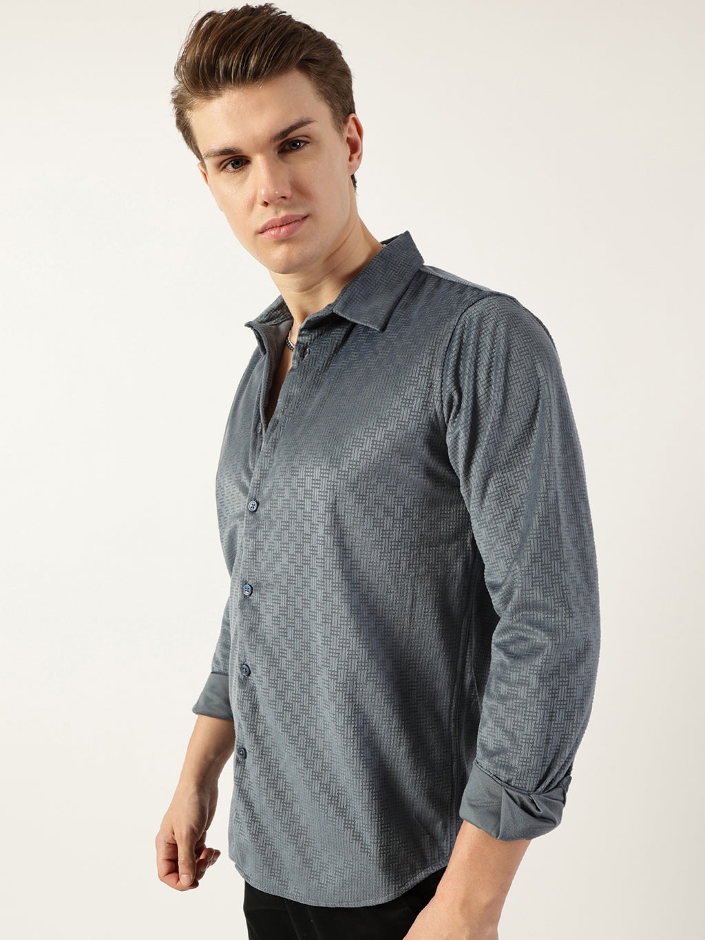 Thomas Scott Men Grey Classic Spread Collar Textured Solid Slim Fit Casual Shirt