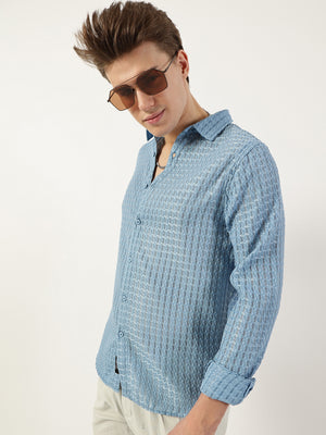 Thomas Scott Men Blue Premium Spread Collar Textured Solid Slim Fit Casual Shirt