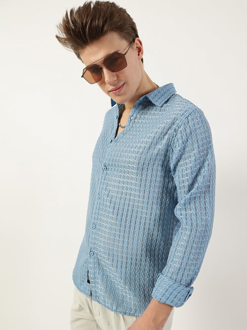 Thomas Scott Men Blue Premium Spread Collar Textured Solid Slim Fit Casual Shirt