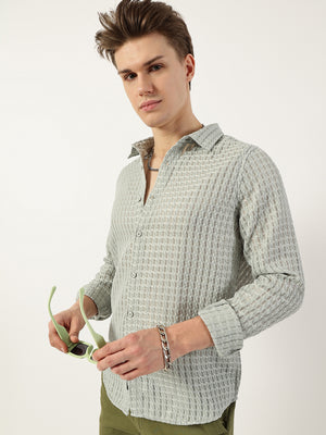 Thomas Scott Men Green Premium Spread Collar Textured Solid Slim Fit Casual Shirt
