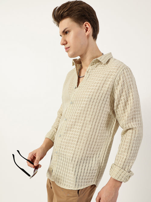 Thomas Scott Men Light Green Premium Spread Collar Textured Solid Slim Fit Casual Shirt