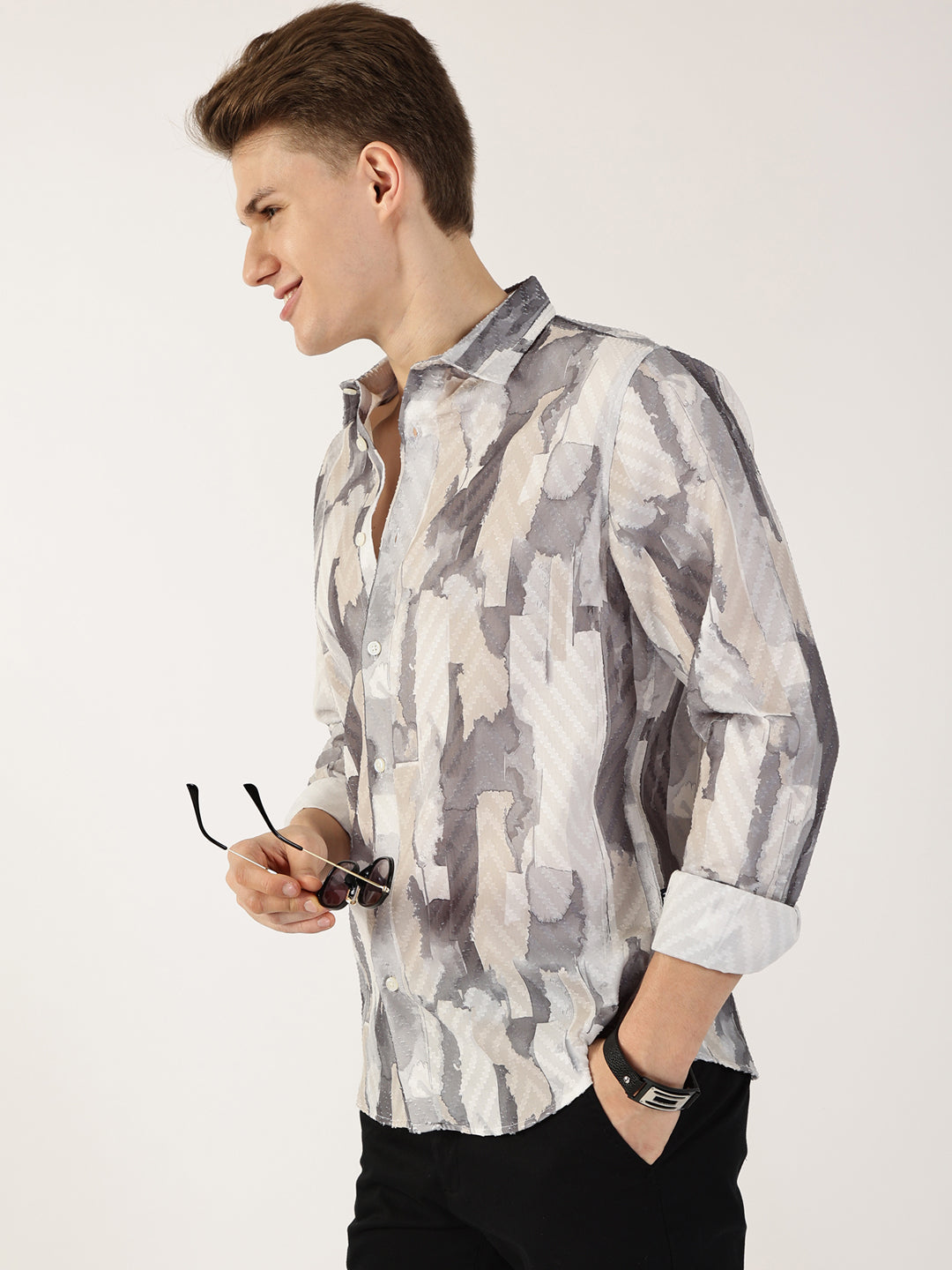 Thomas Scott Men Grey Premium Slim Fit Opaque Printed Casual Shirt