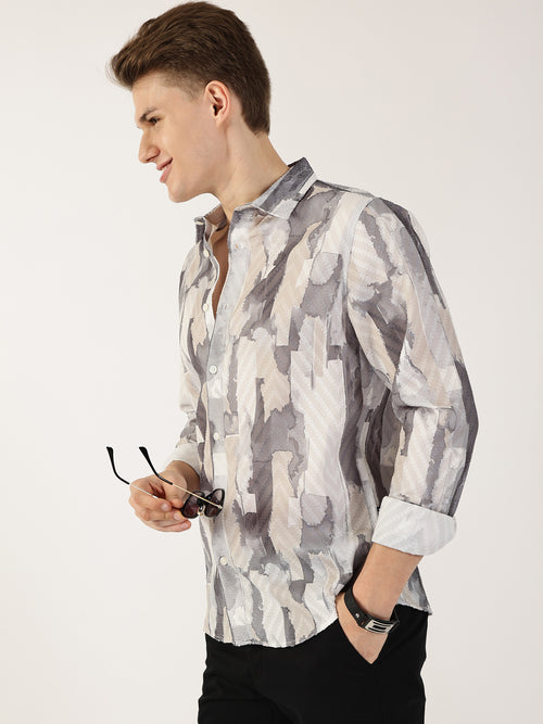 Thomas Scott Men Grey Premium Slim Fit Opaque Printed Casual Shirt