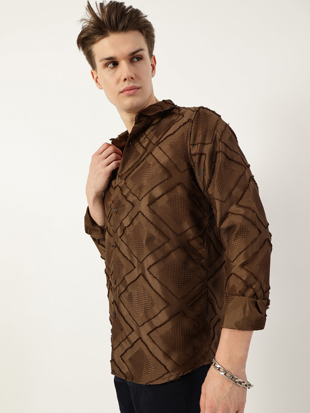 Thomas Scott Men Brown Premium Spread Collar Graphic Printed Slim Fit Casual Shirt