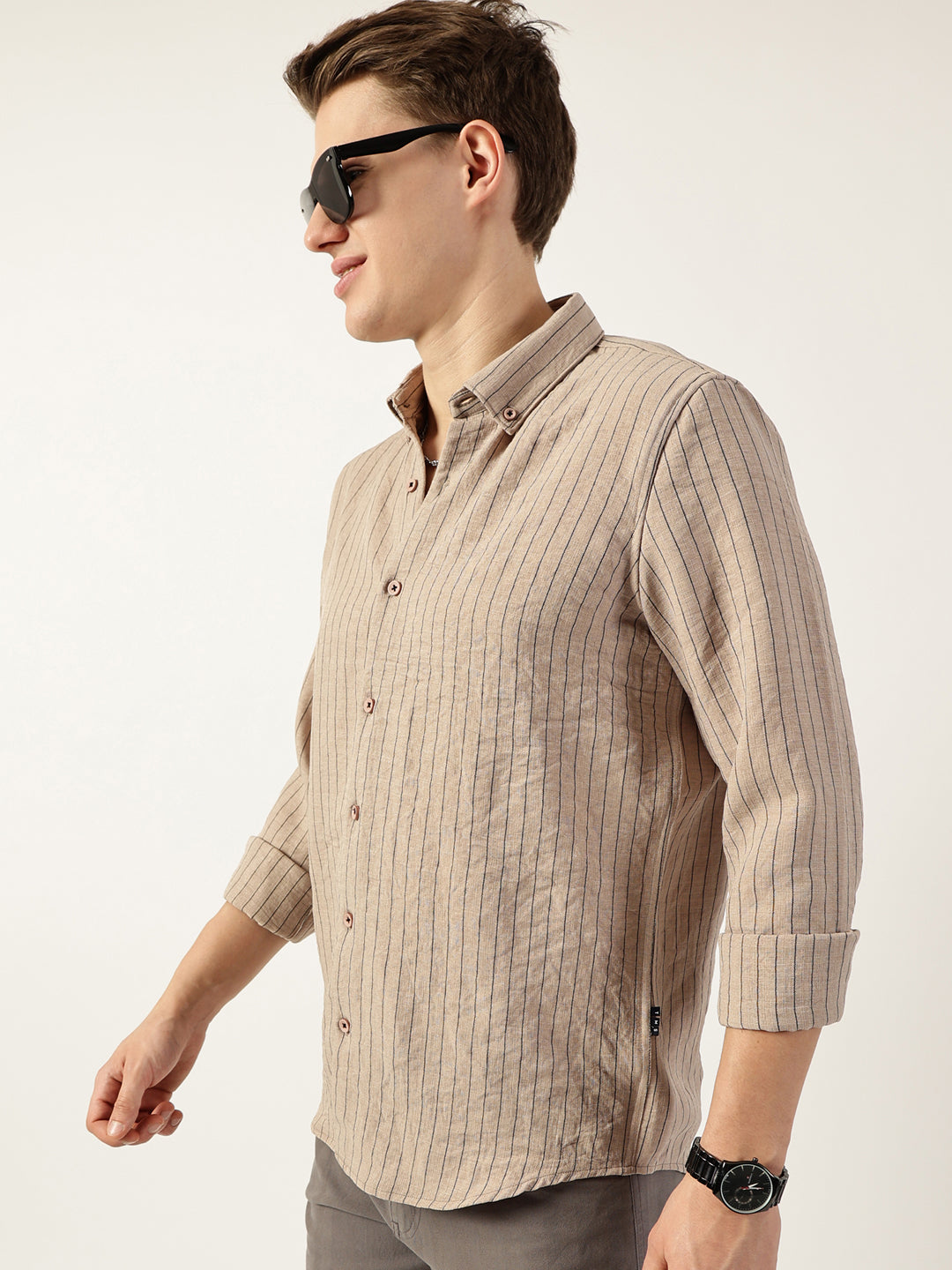 Thomas Scott Men Beige Premium Spread Collar Vertical Striped Slim Fit Casual Shirt
